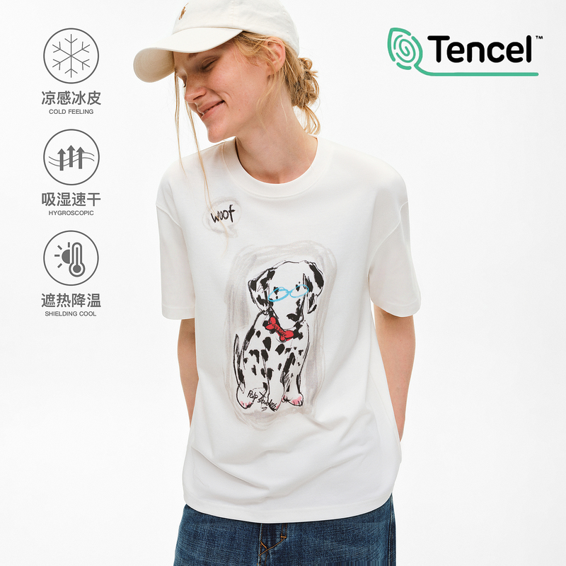 Pclp Retro Crayon Hand-Painted Dalmatian Fun Print T-Shirt Top, Summer Loose and Versatile Short-Sleeved Shirt