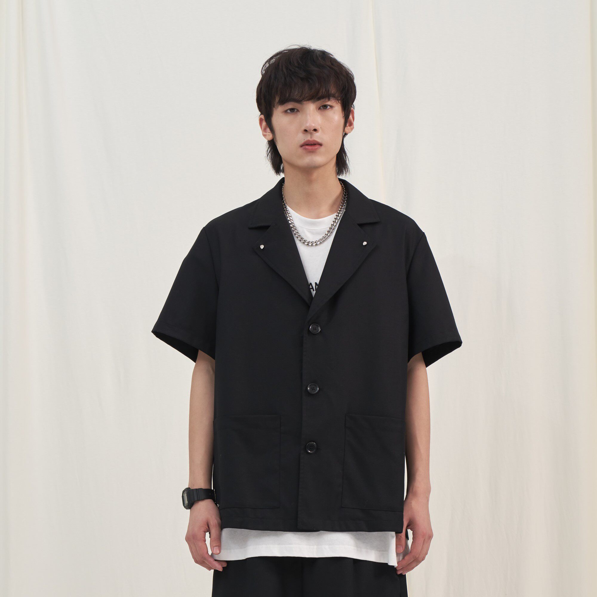 PCLP rivet short-sleeved suit shirt Guochao brand black casual summer half-sleeve shirt men