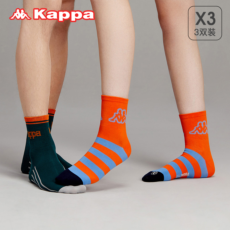 Kappa 卡帕 21冬新品情侣复古中筒条纹棉袜 3双