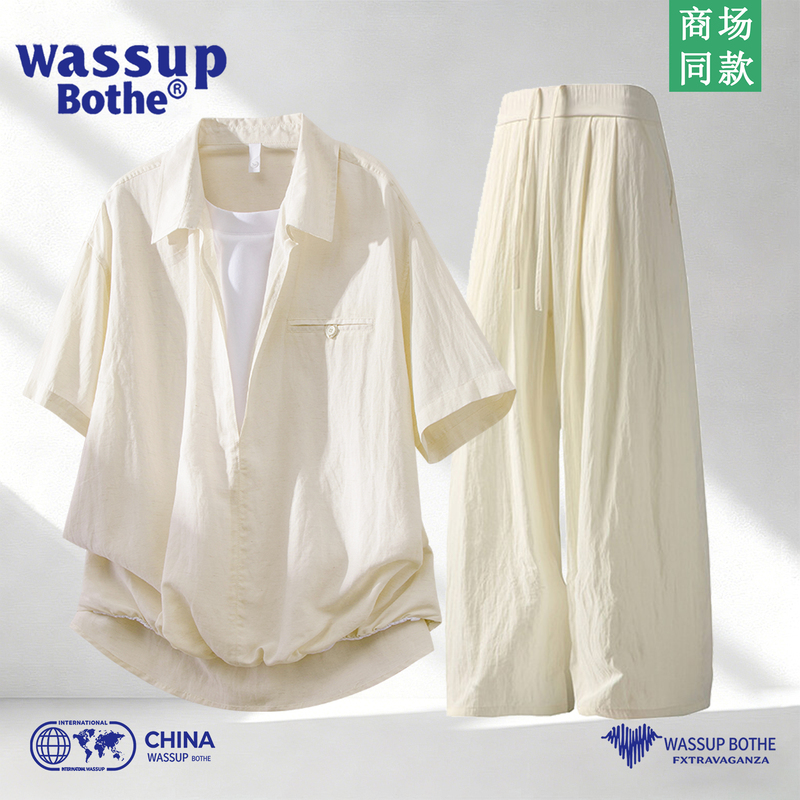 Wassup Bothe Ice Silk Linen Fake Two-Piece Short-Sleeved Shirt Men's Summer Trendy Casual Sports Suit for Men Wassup Bothe Ice Silk Linen Fake Two-Piece Short-Sleeved Shirt Men's Summer Trendy Casual Sports Suit for Men