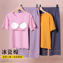 Pure cotton Home Clothing Two Sets Peaches With Short Sleeves Pyjamas Woman Summer Thin with chest cushion extras out of door Seven Pants