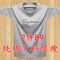 Spring loaded mens long sleeves T-shirt pure cotton loose plus fattening up and down mens blouses chubby chubby-round collar bottom-shirt