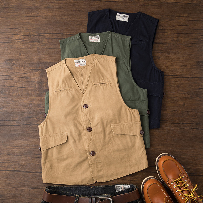 Amei Kaji American Retro Pure Cotton Canvas Multi-Pocket Layered Vest for Men, Spring and Autumn Scimitar Hunting Workwear Vest