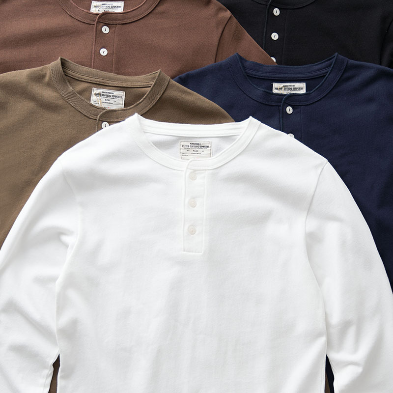 Amei Kaji Heavyweight T-Shirt for Men, Henley Shirt, American Retro Pure Cotton White Base Shirt, Henley Collar Long-Sleeve T-Shirt for Men