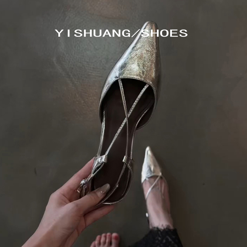Sheepskin Version! Women's French Minimalist Style Silver Pointed Toe Cross-Strap Sandals for Commuting, Comfortable and Not Tiring, with Open Heel Sheepskin Version! Women's French Minimalist Style Silver Pointed Toe Cross-Strap Sandals for Commuting, Comfortable and Not Tiring, with Open Heel