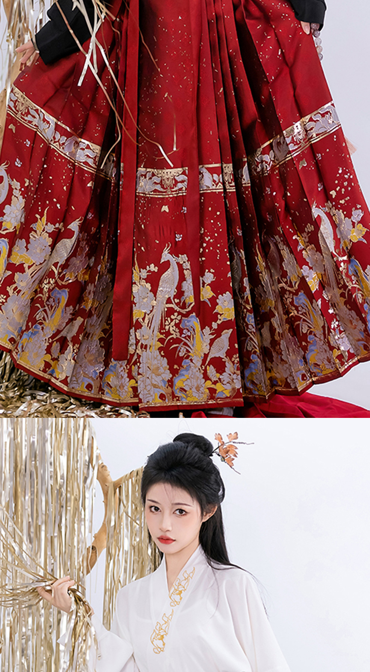 【中国直邮】荨茉 青锦阁 夏季新款中式明制织金马面裙汉服套装 黑色马面裙+白色交领上衣 S