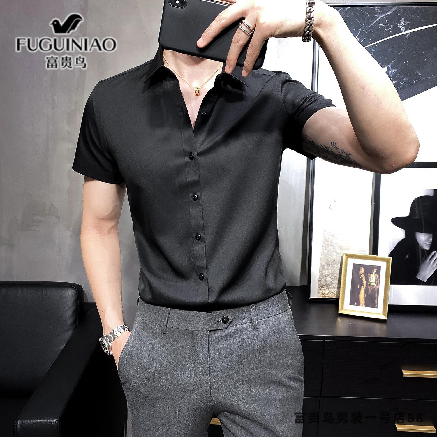 Fugui bird business men's summer free ironing short sleeves shirt 2021 new advanced senses slim fit for work casual lining