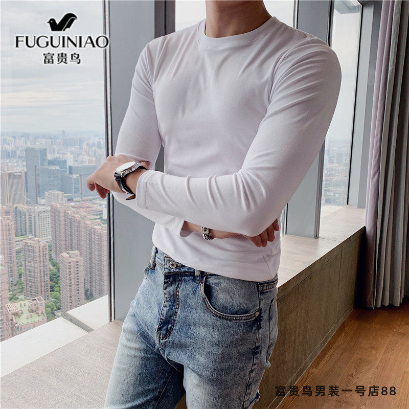 Rich Gui Bird High-end White T-Shirt Men's Trend 100 Hitch Spring Summer New Cultivation Inner Lap Long Sleeve Inner Lap