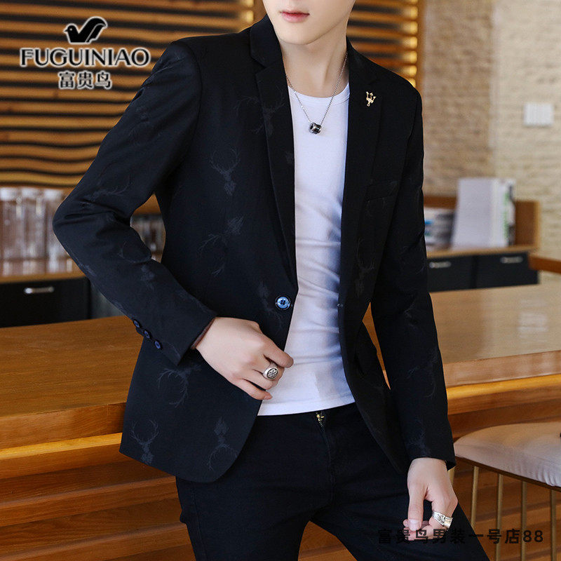 Fuguiniao suit jacket men's spring and autumn new Korean version of slim casual printed small suit jacket trendy and handsome