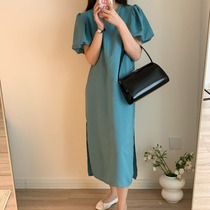 Chic puff sleeve dress womens summer French high-end temperament round neck loose and thin pleated slit long skirt