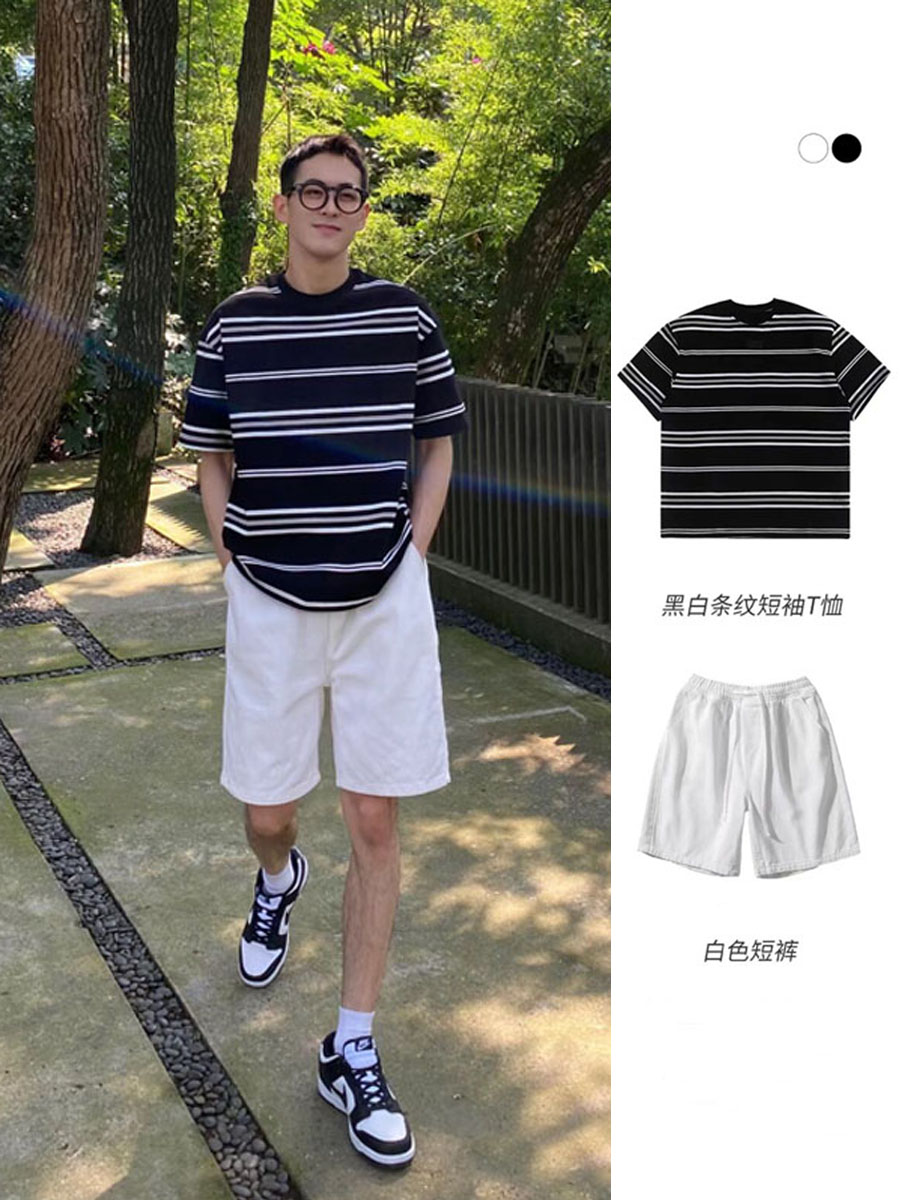 <!--日系黑白条纹t恤男夏季新款宽松休闲套装短袖半袖体恤百搭上衣服-->