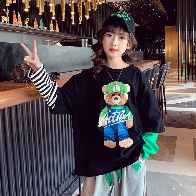 Girls' fake two-piece bottoming shirts spring 2022 new children's loose long-sleeved tops spring and autumn western style big children's T-shirts