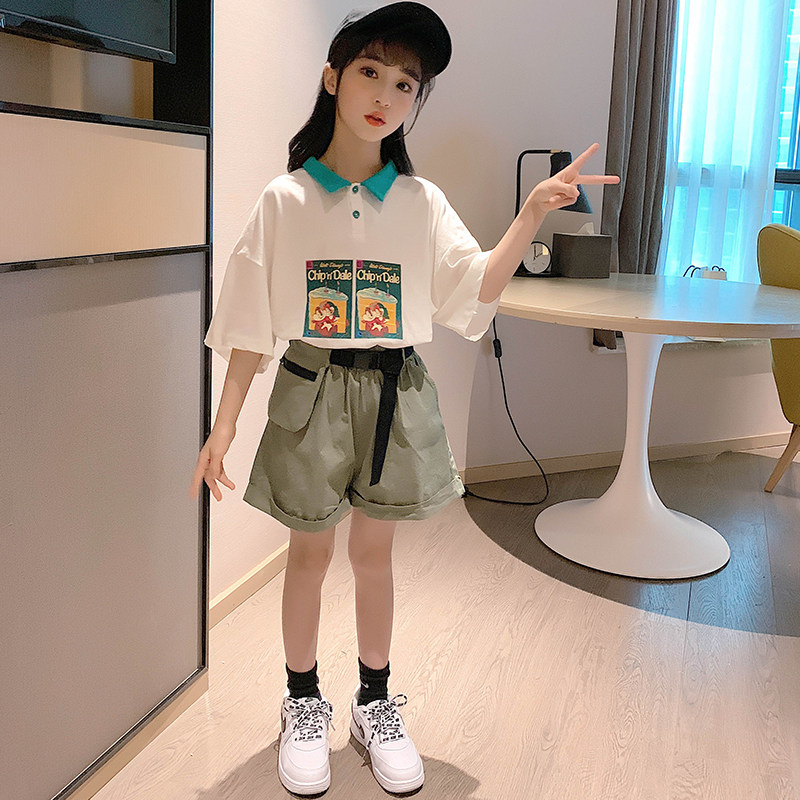 Girls summer suits 2022 new children's polo collar casual net red short-sleeved shorts girls big children fashionable summer