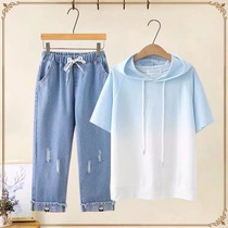 Middle and high school students summer fashion versatile fried street suit girl gradient color T-shirt cropped jeans two-piece set