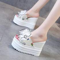 Korean version of the ultra-high-heeled slippers womens summer fashion outside wear slope heel increased anti-slip drag leisure Baotou drag flat heel