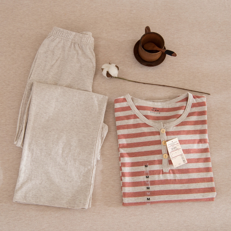 Same Style as in the Store, Seamless Pajamas for Women, Pure Cotton Striped Knit Cotton Loungewear, Men's Jersey Cotton Outerwear Pajamas