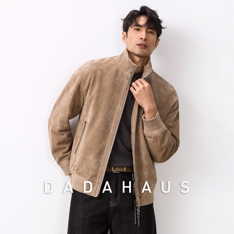 High-End Suede Sheepskin Motorcycle Leather Jacket, Loose-Fitting Stand-Up Collar Genuine Leather Coat, Men's Old Money Style Business Casual Outerwear