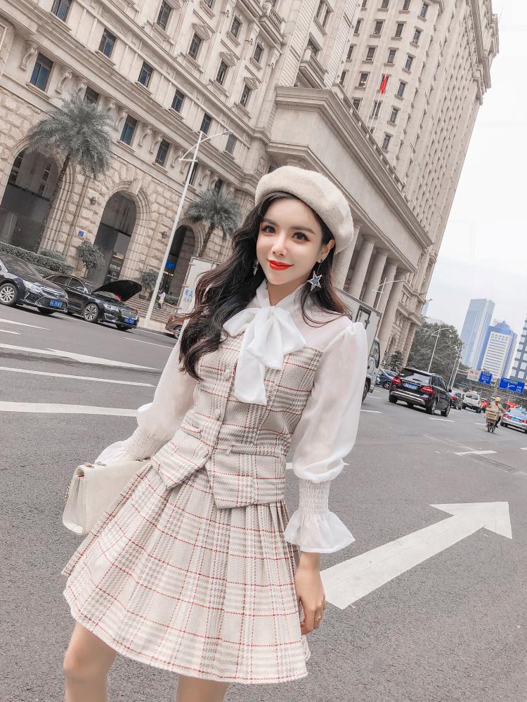 DABI 韓系蝴蝶結拼接百褶裙套裝長袖裙裝 DABI 韓系蝴蝶結拼接百褶裙套裝長袖裙裝