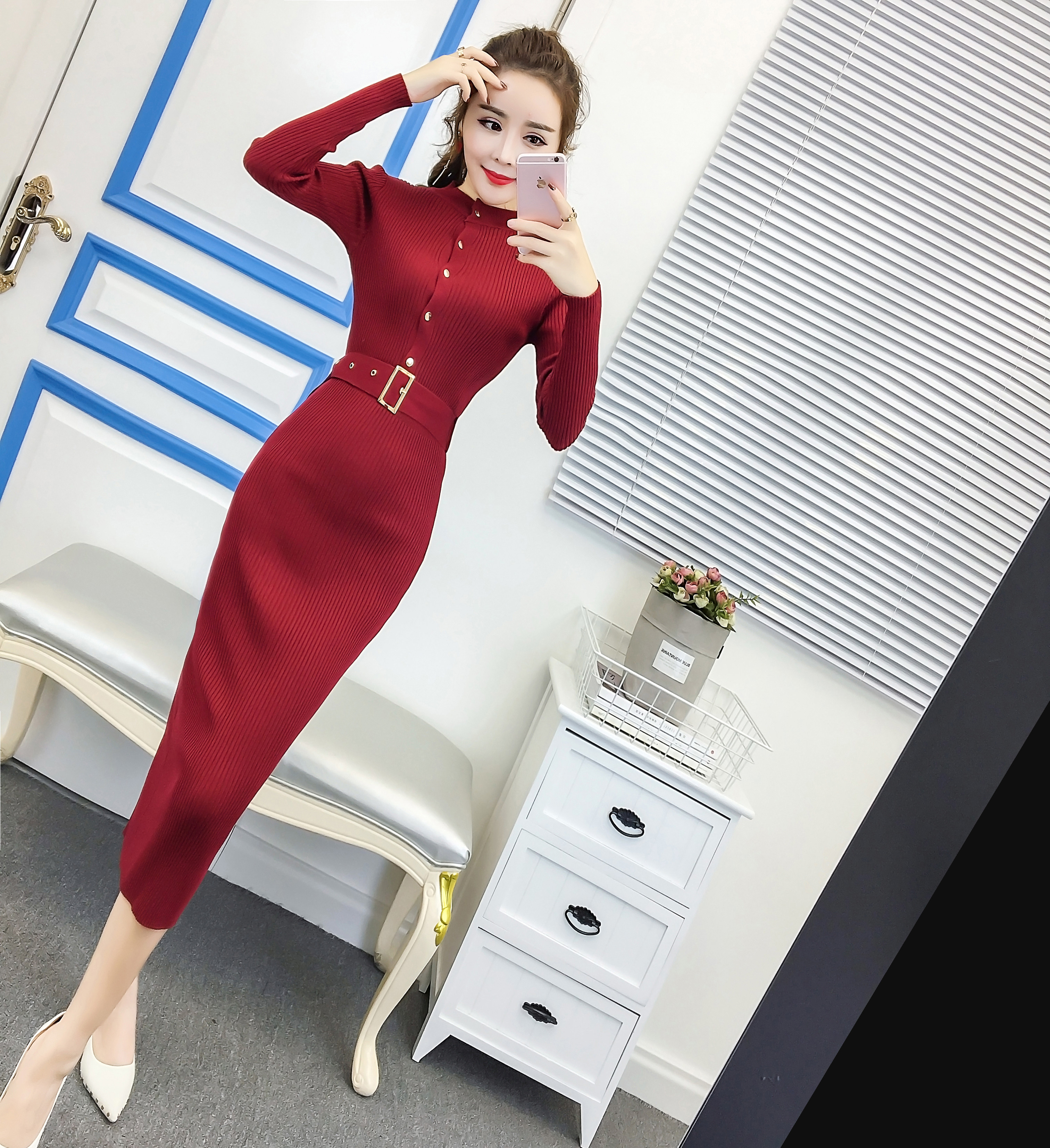 DABI 韓國風單排扣修身包臀純色長款針織長裙長袖洋裝