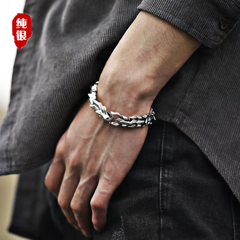 Pure silver keel bracelet men hip hop European and American fashion personality exaggerated punk retro design can not feel the hegemony