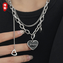 Black love double-layer necklace for women and men sterling silver cold wind hip-hop niche clavicle chain sweater chain trendy peach heart pendant