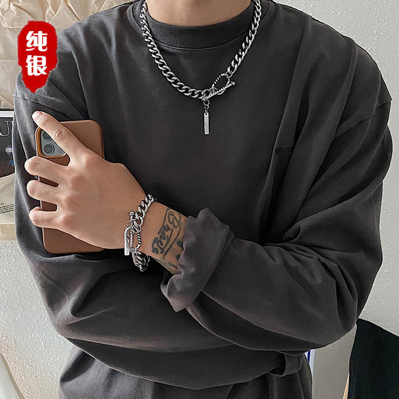 Pure silver OT buckle Cuban chain male European and American hip hop wind coarse chain chain with small high-tide tide