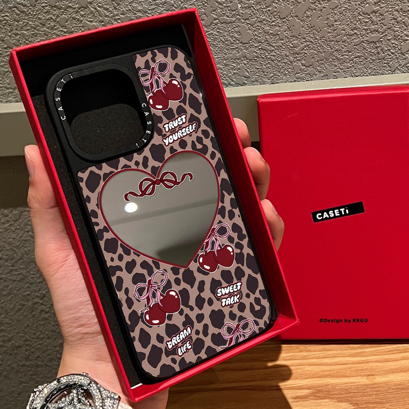 Co-Branded Leopard Print Heart Cherry Bow Phone Case for Apple 16 Pro Max, iPhone 17 Pro, Magnetic Magsafe, Mirror Surface, 15 Plus, Japanese and Korean Style, Sweet and Cool, 14, Girly, 13