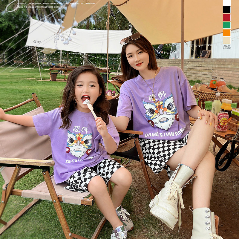 Guochao Cartoon Awakening Lion Print T-Shirt Mother Female Foreign Pie Short-sleeved Tennis Red pro Summer clothes a family of three Chinese Wind