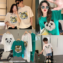 High-end pro-son clothing a three-mouth summer tiger panda changing sequins short sleeve cartoon t-shirt mother woman dress new wave