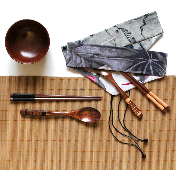 Trung quốc tươi tay dệt kim dòng bộ đồ ăn túi lưu trữ túi vải túi phong cách Nhật Bản xách tay bộ đồ ăn túi đũa set