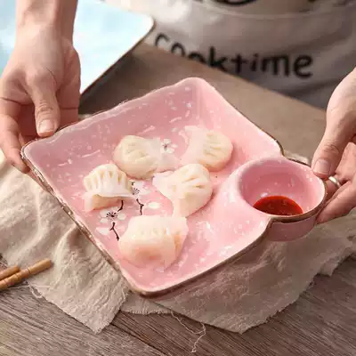 Ceramic dumpling plate with vinegar plate Creative plate Household breakfast grid plate plate Square snack Japanese plate dining utensils