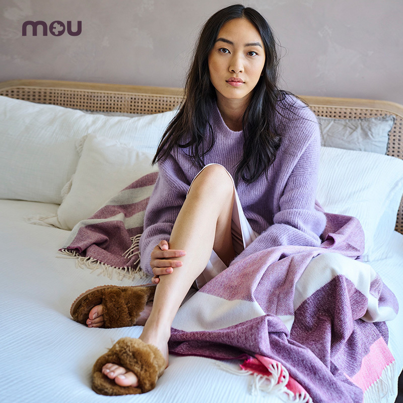 Mou Autumn and Winter Wool Slippers, Fashionable Furry Slippers, Can Be Worn Outside, Flat-Soled Simple Slippers for Women, Melard Style