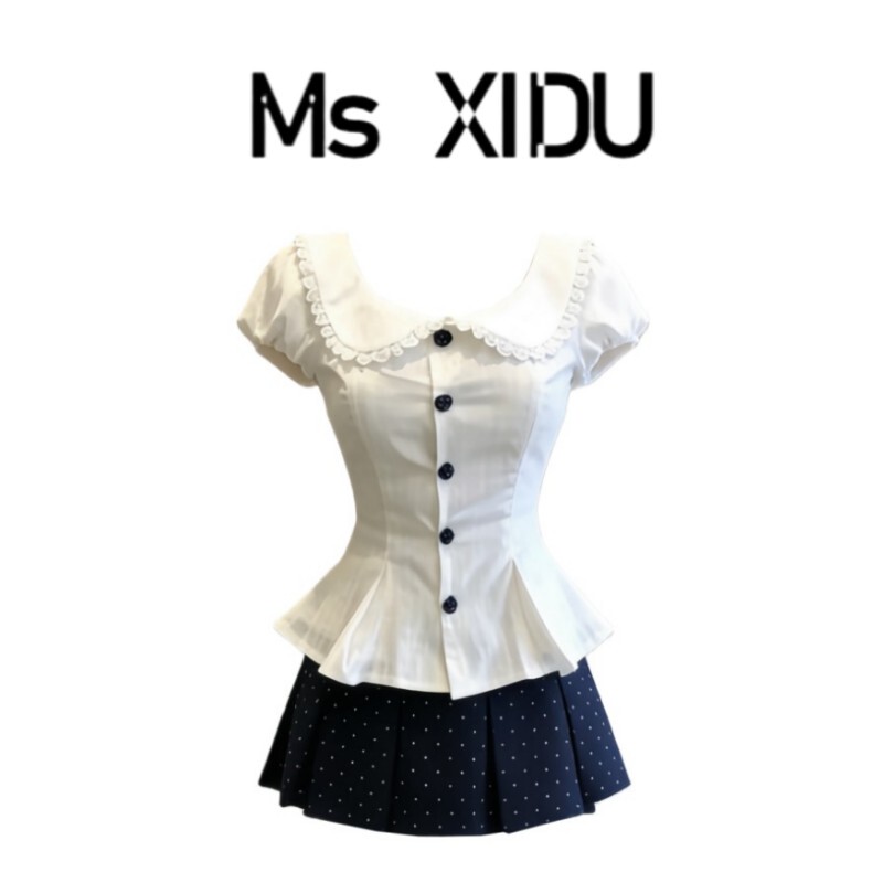 Ms Xidu Sea Salt Milk Cap Summer Design Pure and Sexy Hot Girl Style Short-Sleeved Shirt Top Skirt Sweet Set