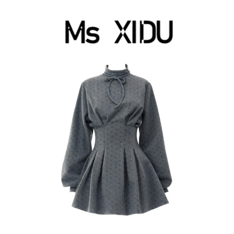 Ms Xidu French-Style Gray Polka Dot Waist-Cinching Long-Sleeve Dress Shirt Dress for Women, Autumn and Winter Short Skirt