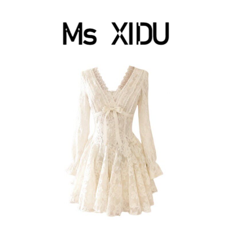 Ms XIDU Ангельские крылья французское кружевное платье из чистого шелка с завышенной талией в стиле дочери, юбка-пачка на день рождения, женская осенняя Изображение 1