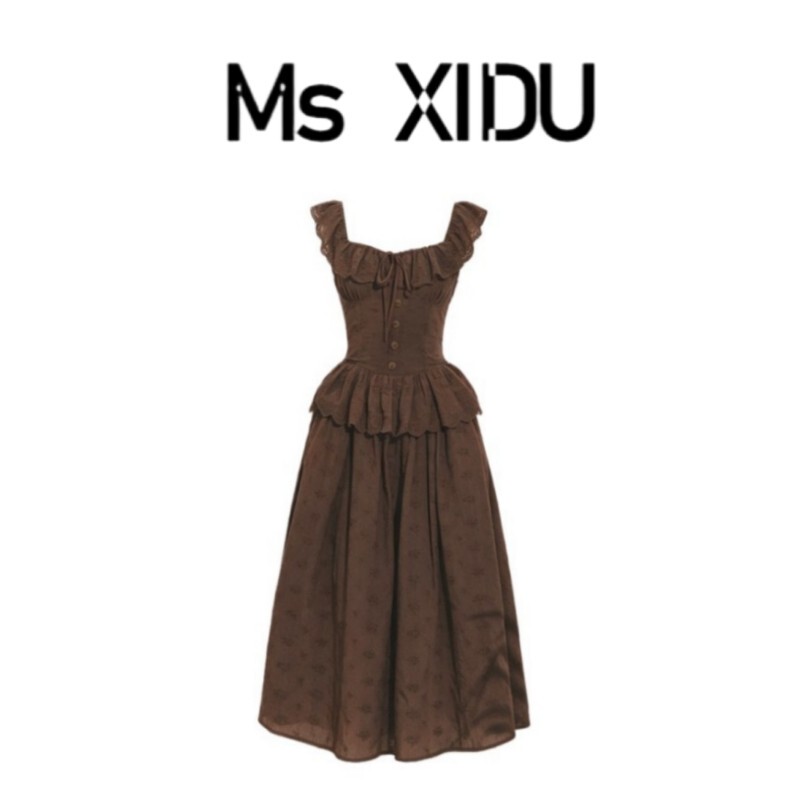 Ms Xidu Retro Embroidered Square-Neck Sleeveless Dress for Women, Waist-Cinching, Slimming, Lace Collar, Brown Long Dress Ms Xidu Retro Embroidered Square-Neck Sleeveless Dress for Women, Waist-Cinching, Slimming, Lace Collar, Brown Long Dress
