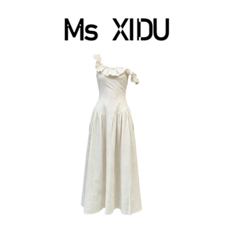 Ms Xidu Charming Love Letter Ruffled U-Neck Off-Shoulder Dress for Women Summer Slim Fit Waist-Cinching Long Dress