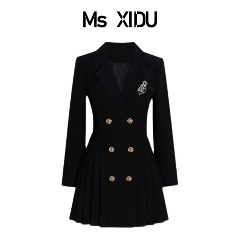 Ms Xidu Korean Drama School Beauty Heroine Preppy Style Suit Dress Women's Autumn Long-Sleeved Waist-Cinching Pleated Short Skirt