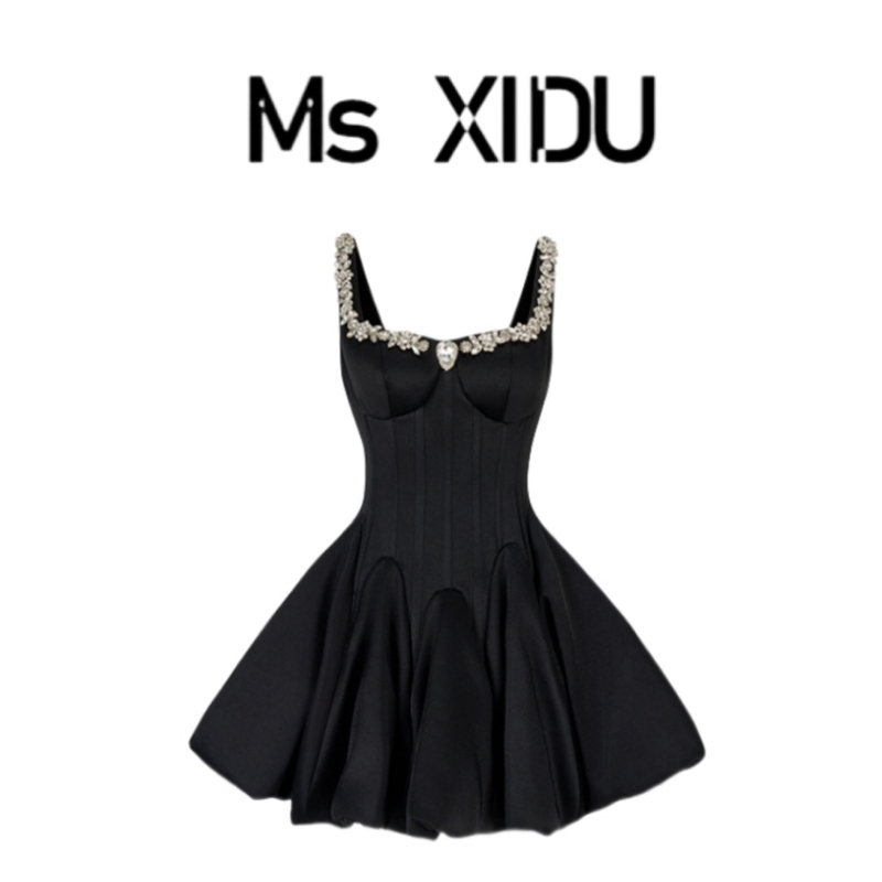 Ms Xidu's "Elegant Lady Style" French-Style Dress with Sparkling Diamonds, Black High-End Dress with Fishbone Puffy Skirt Ms Xidu's "Elegant Lady Style" French-Style Dress with Sparkling Diamonds, Black High-End Dress with Fishbone Puffy Skirt