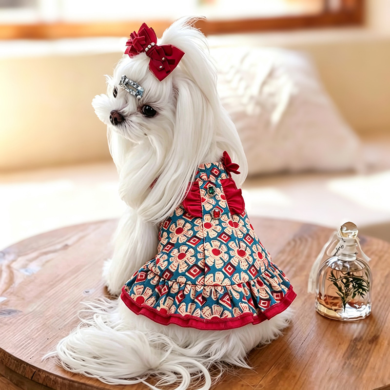 Retro Floral Korean Style Dog Skirt Maltese Teddy Pomeranian Small Size Dogs Pet Clothes Dog Dress
