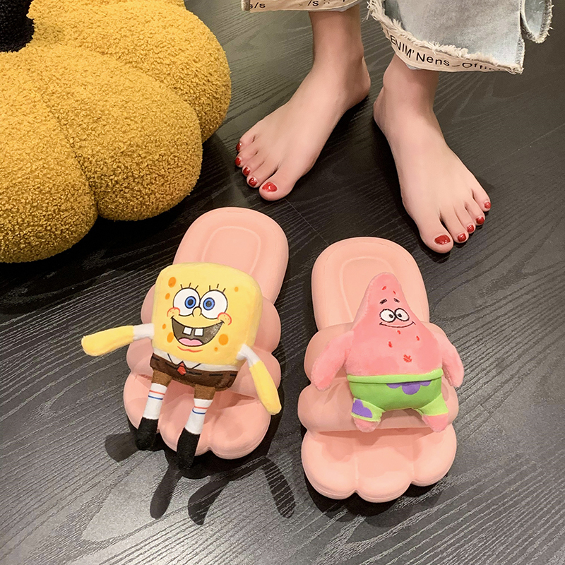 Women's Summer Slippers for Outdoor Wear 2025 New Style Spongebob Cute Big Feet Flat-Soled Trendy Sandals Soft-Soled Slip-On Slippers