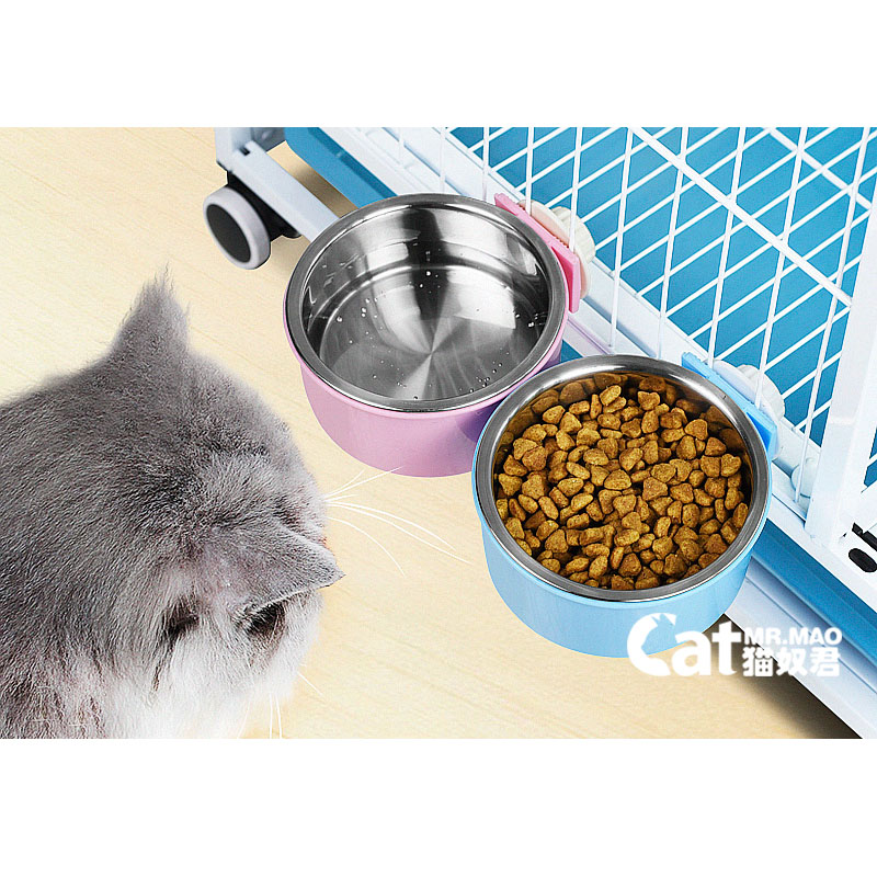 Pet cat bowl cage hanging dog bowl cat bowl stainless steel fixed cat basin drinking basin hanging cage dog basin supplies