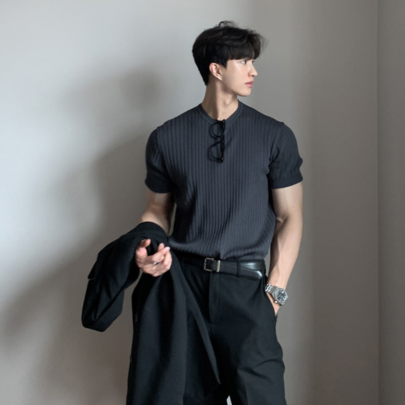 Short-Sleeved Men's Loose-Fitting ins Trendy Versatile Streetwear Hong Kong Style ins Retro Knitted T-Shirt Summer Casual Solid Color Top Short-Sleeved Men's Loose-Fitting ins Trendy Versatile Streetwear Hong Kong Style ins Retro Knitted T-Shirt Summer Casual Solid Color Top