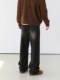 Black denim wide-leg pants for men, American retro washed distressed straight-leg loose jeans, trendy and versatile casual pants