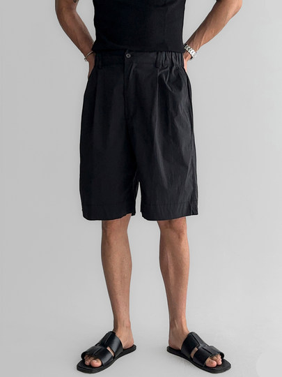 American Retro Elastic Waist Shorts for Men, Summer Nylon Double Pleated Straight Wide-Leg Knee-Length Casual Pants