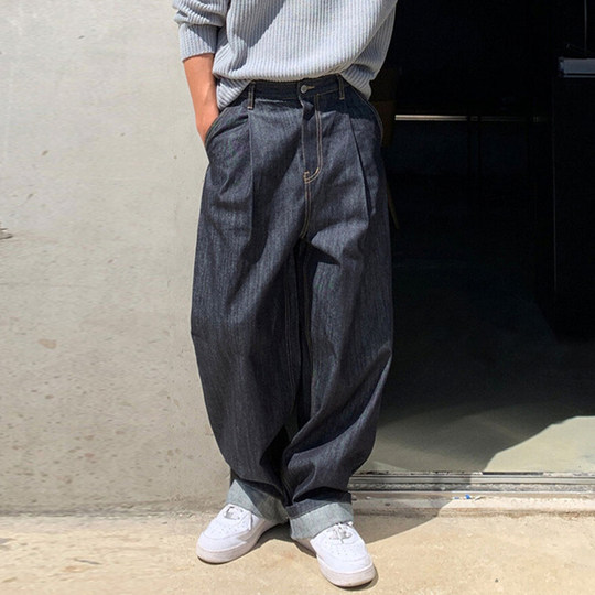 Black jeans men's spring and autumn trendy brand handsome drape workwear wide-leg pants high-end straight-leg loose trousers