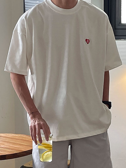 Men's Short-Sleeved T-Shirt, Summer Loose Trendy Embroidered Fun Pattern Round Neck Top, Casual Korean Style Casual T-Shirt