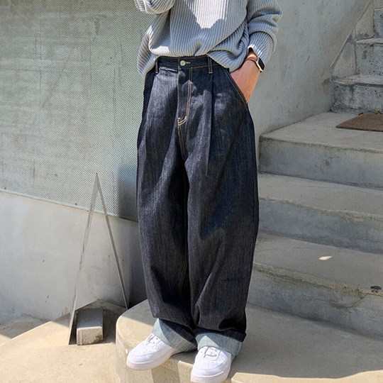 Black jeans men's spring and autumn trendy brand handsome drape workwear wide-leg pants high-end straight-leg loose trousers