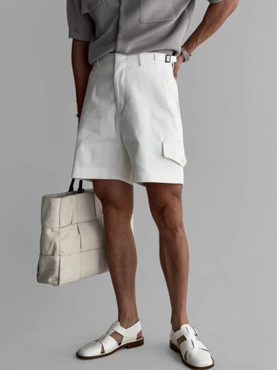 White Casual Shorts for Men 2026 New American Retro Trendy Brand Quarter-Length Pants with Adjustable Side Straps Workwear Pants
