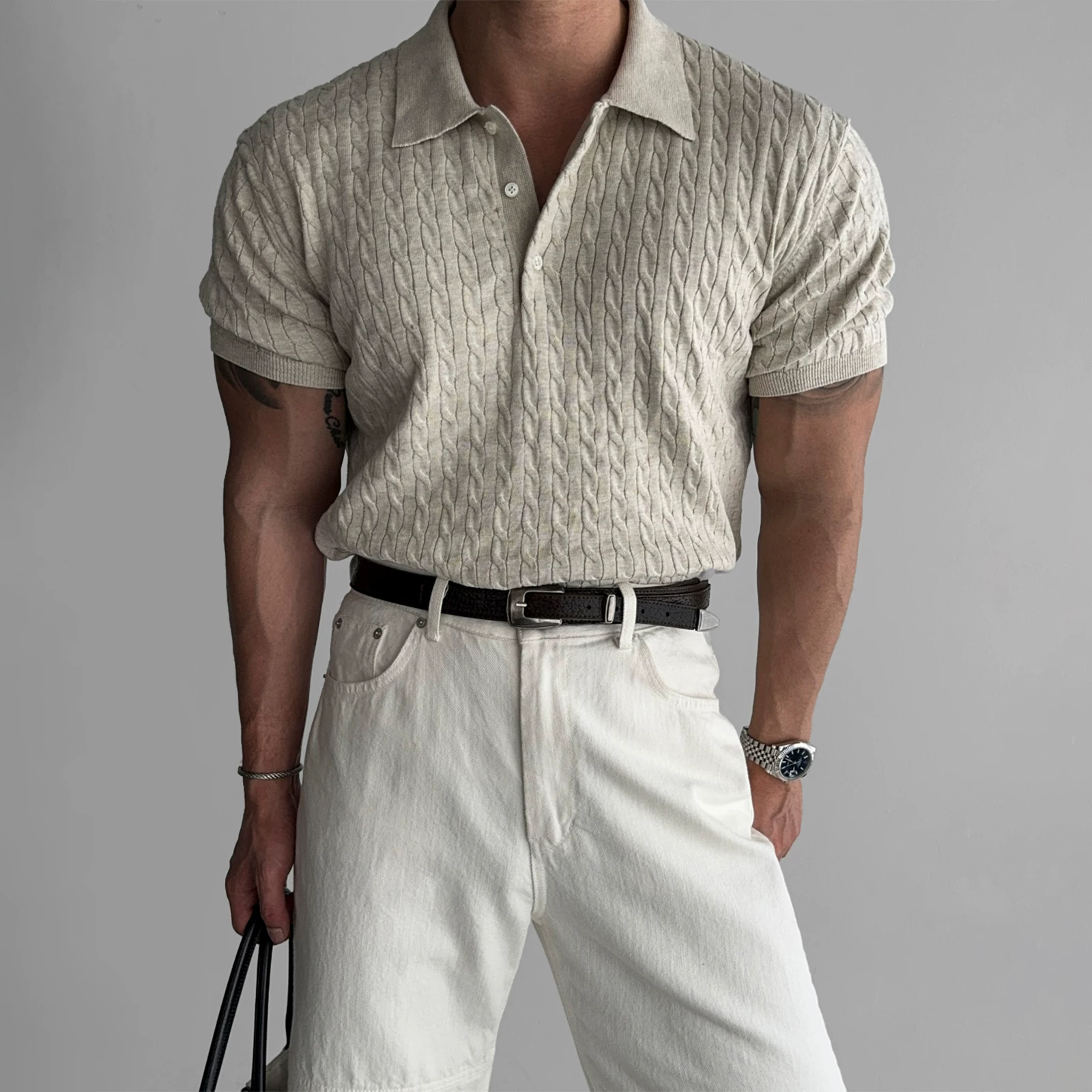 К knitted polo, рубашка для зала, эластичная ретро футболка, с коротким рукавом, американский стиль, slim fit